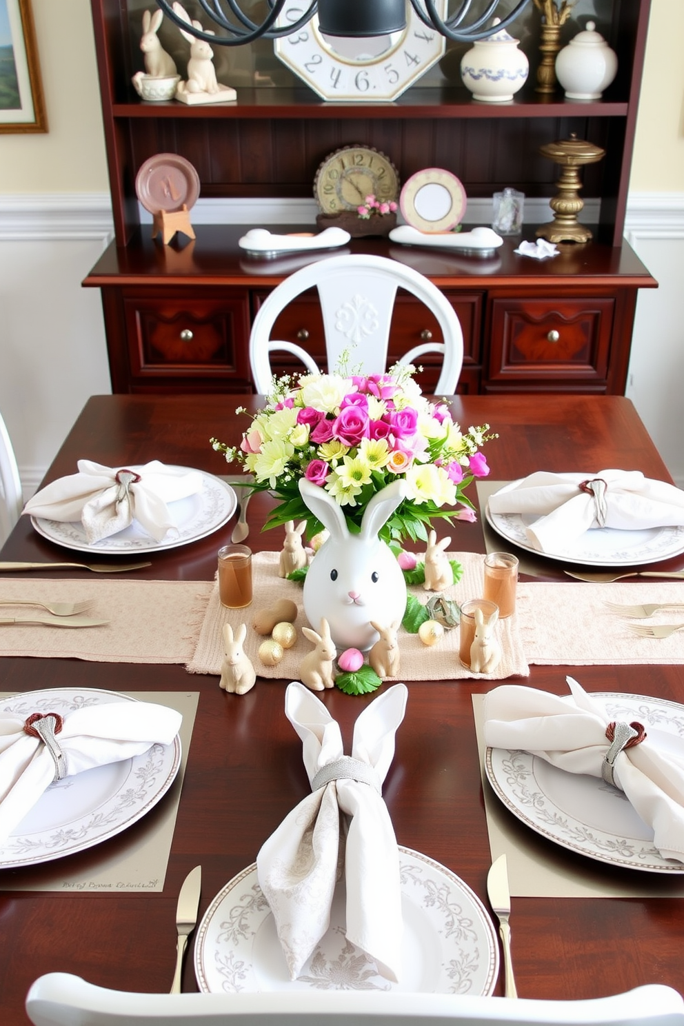 A stylish coffee table adorned with an array of charming bunny figurines in various sizes and colors. Surrounding the bunnies are pastel-colored decorative eggs and a soft floral centerpiece, creating a cheerful Easter ambiance.