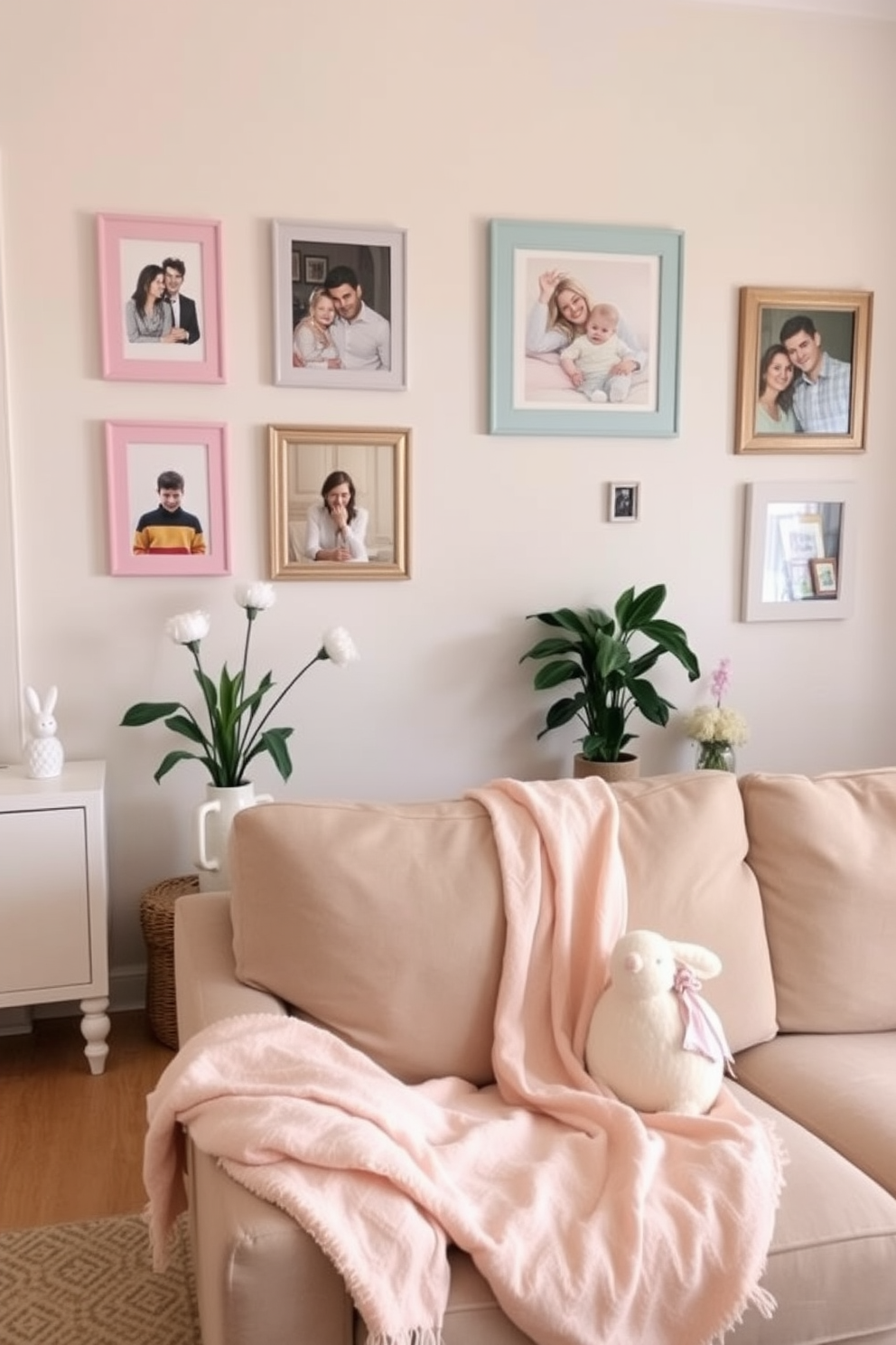 A cozy apartment living room decorated for Easter. The walls are adorned with pastel-colored picture frames showcasing family photos, and a soft pastel throw blanket is draped over the couch.