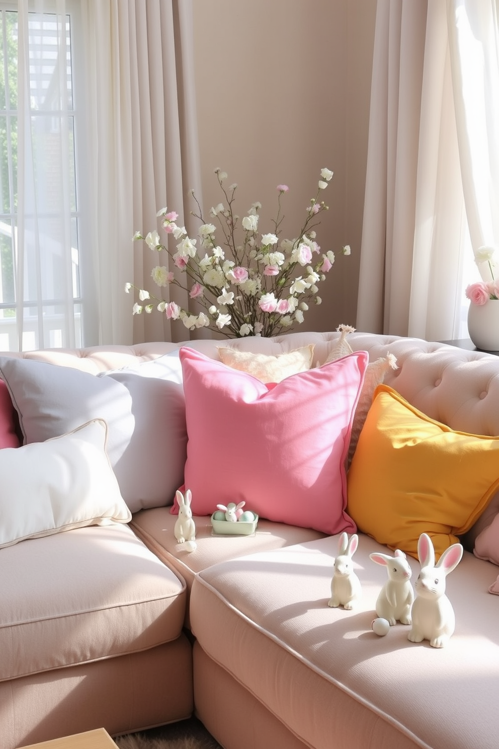 A cozy living room setting featuring a plush sofa adorned with an array of pastel cushions in soft pinks, blues, and yellows. Natural light filters through sheer curtains, highlighting a tasteful arrangement of Easter decorations, including delicate floral arrangements and whimsical bunny figurines.