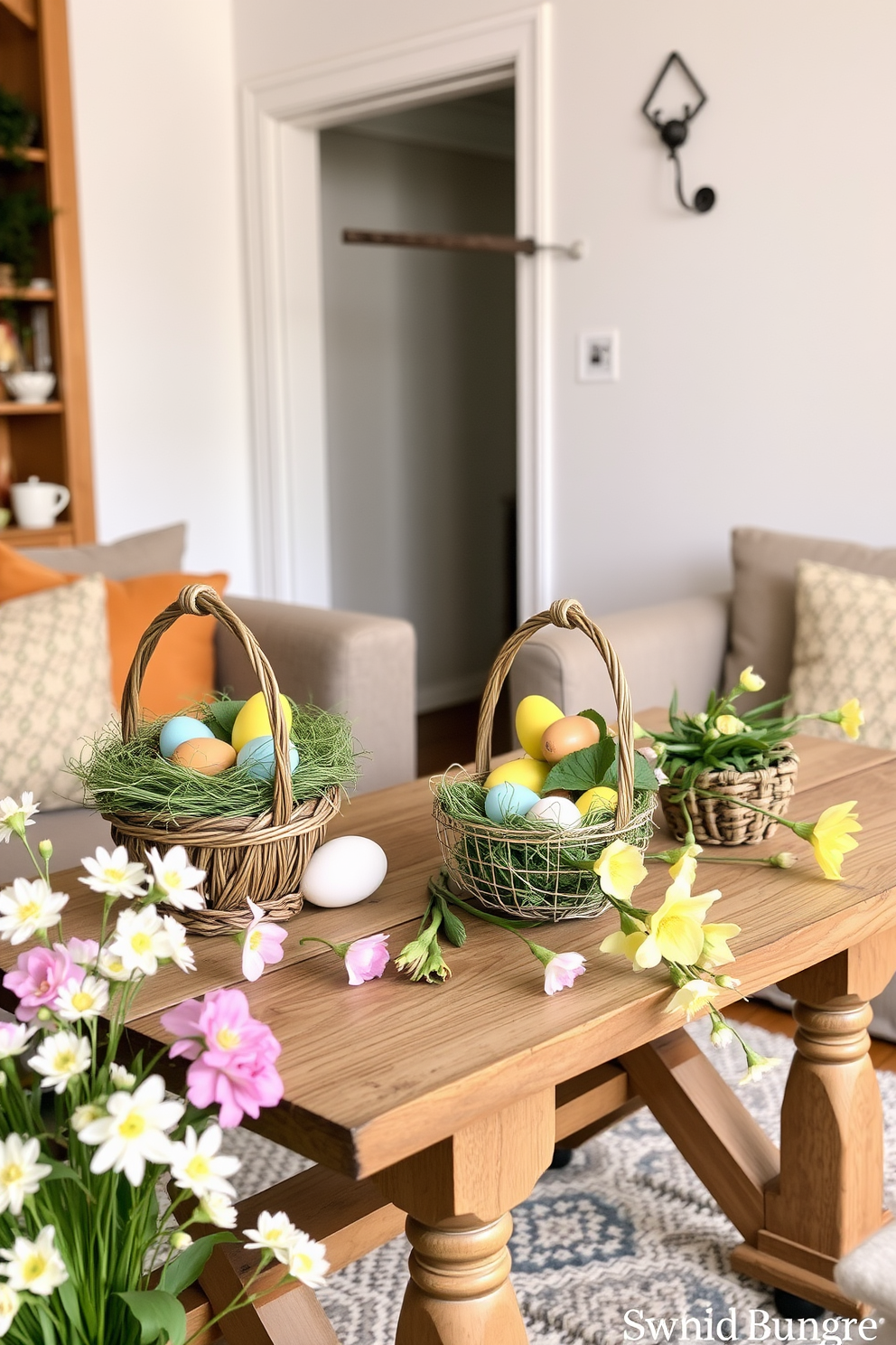 A cozy apartment setting decorated for Easter. There are decorative baskets filled with colorful eggs placed on a rustic wooden table, surrounded by spring flowers in pastel hues.