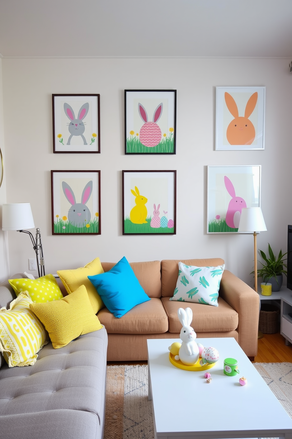 Easter-themed artwork adorns the walls of a cozy apartment, featuring vibrant colors and playful designs that celebrate the holiday. The decor includes pastel-colored accents and cheerful decorations that create a festive atmosphere throughout the living space.