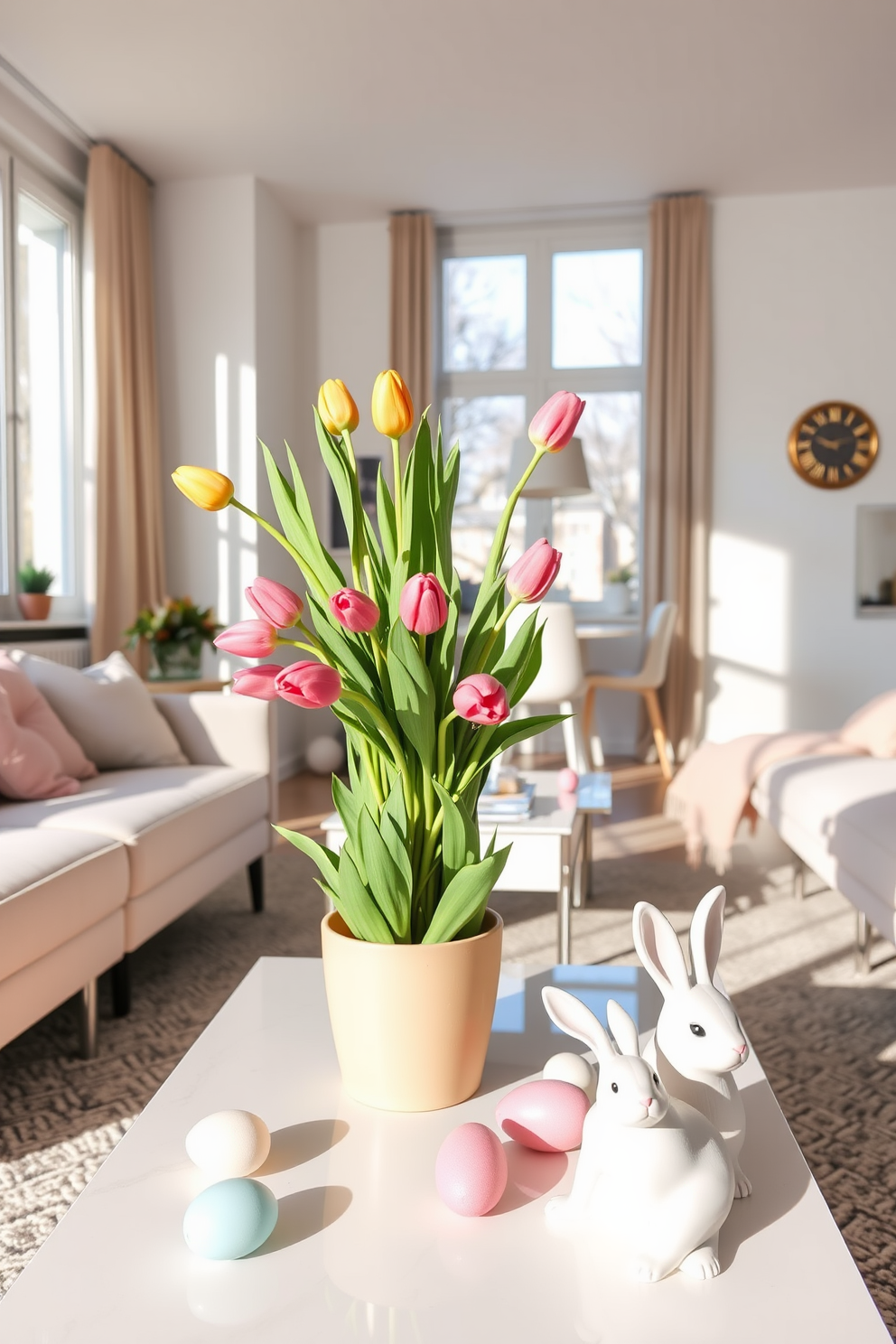 A stylish living room with a modern coffee table at the center. On the table, a vibrant arrangement of potted tulips adds a pop of color, complementing the soft pastel decor of the space. The apartment features cheerful Easter decorations, including pastel-colored eggs and bunny figurines placed around the room. Natural light streams in through large windows, enhancing the festive atmosphere.