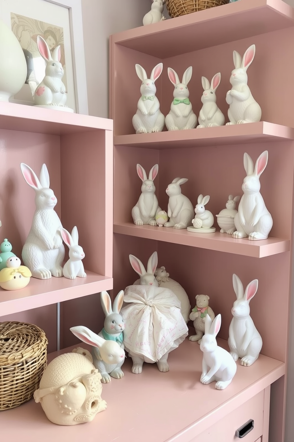 Charming bunny figurines are artfully arranged on various shelves throughout the apartment, each showcasing unique designs and colors. Soft pastel hues dominate the decor, creating a warm and inviting atmosphere perfect for Easter celebrations.