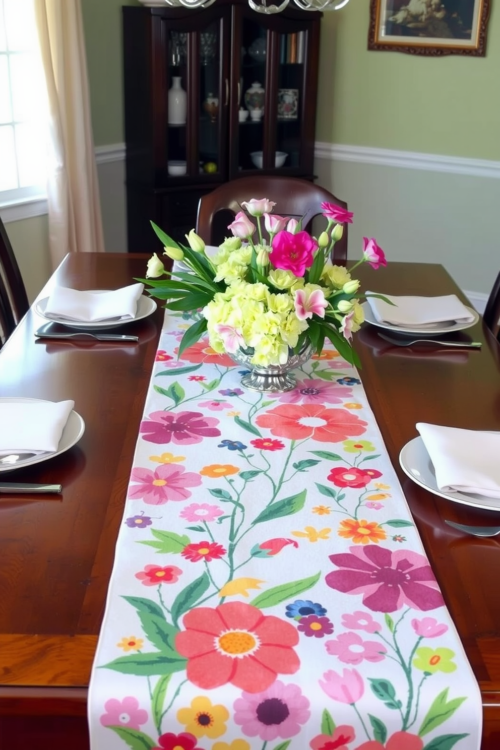 A festive table runner adorned with vibrant spring motifs stretches across a beautifully set dining table. Fresh flowers in pastel colors are arranged in a centerpiece, complementing the cheerful design of the runner.