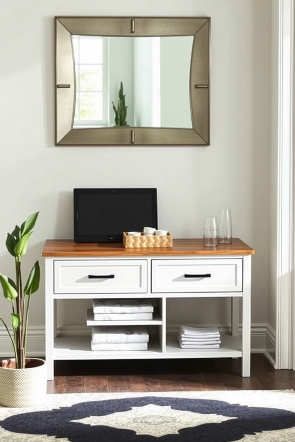 Functional console table with ample storage options. The table features a sleek design with drawers and open shelving, perfect for organizing keys and mail. The entryway is adorned with a stylish mirror above the console, reflecting natural light. A decorative plant sits beside the table, adding a touch of greenery to the space.