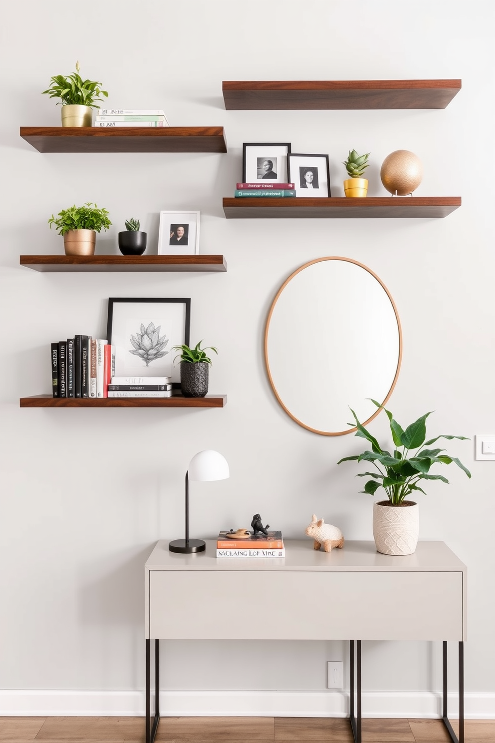 Sleek floating shelves are mounted on a light gray wall, showcasing an array of decorative items including books, plants, and art pieces. The entryway features a minimalist console table below the shelves, adorned with a small lamp and a stylish mirror above.