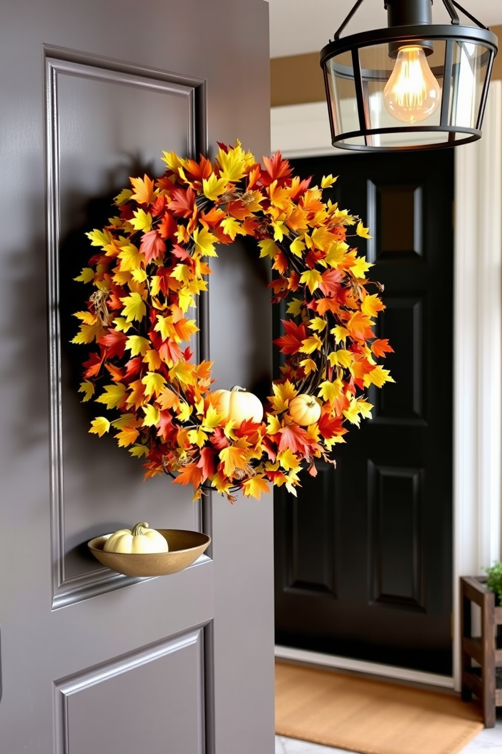 A seasonal wreath adorned with vibrant autumn leaves and small pumpkins hangs on the front door, inviting guests into a cozy atmosphere. The entryway features a sleek console table with a decorative bowl and a small potted plant, complemented by warm lighting from a stylish pendant fixture.