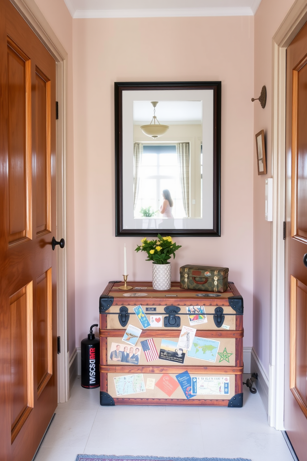 A charming apartment entryway featuring a vintage trunk as a functional storage piece. The trunk is adorned with travel stickers and placed against a backdrop of soft pastel walls.