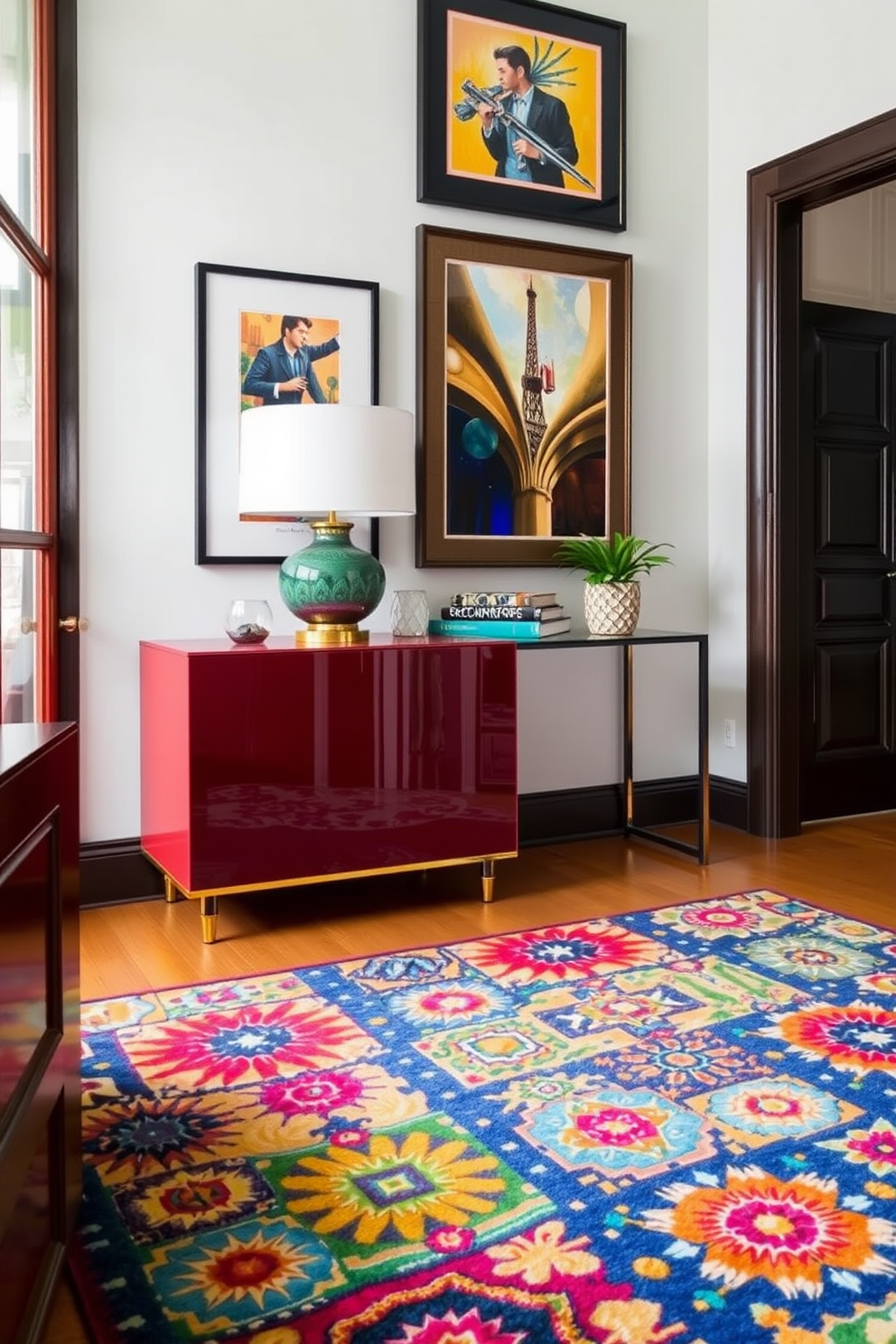 A stylish apartment entryway featuring a decorative ladder made of natural wood. The ladder is elegantly leaning against the wall, adorned with neatly arranged magazines and cozy throws in soft, inviting colors.