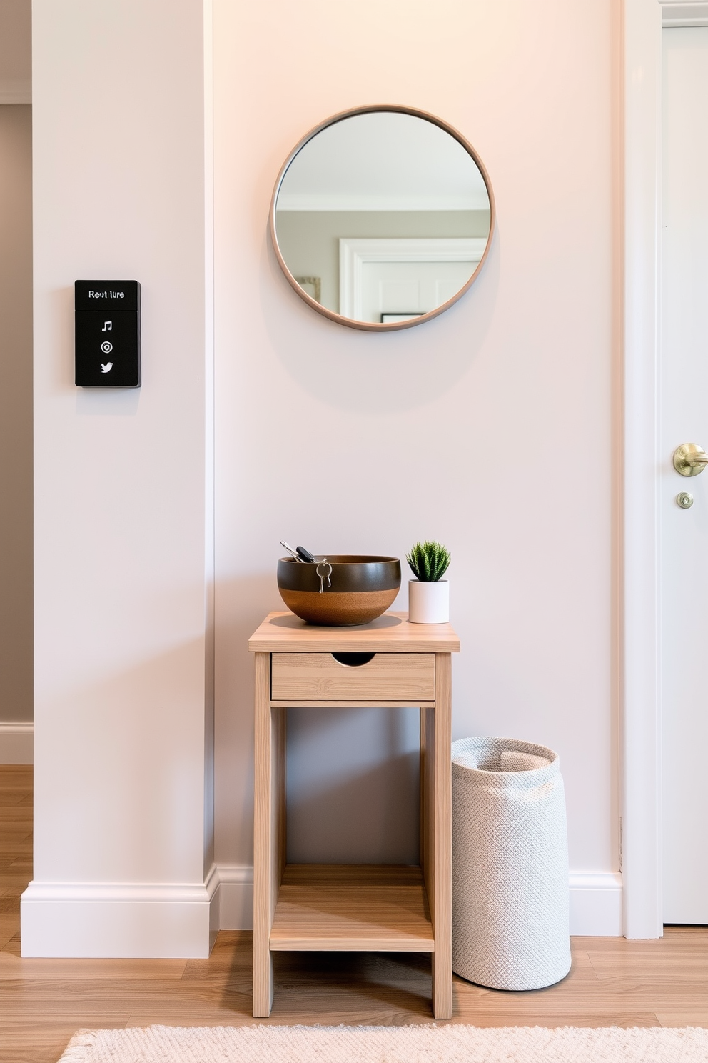 A small side table made of light wood sits against the wall in the apartment entryway. On the table, a decorative bowl holds keys, while a small potted plant adds a touch of greenery. The wall above the table is adorned with a stylish mirror that enhances the space. A soft rug in neutral tones lies beneath the table, creating a welcoming atmosphere.