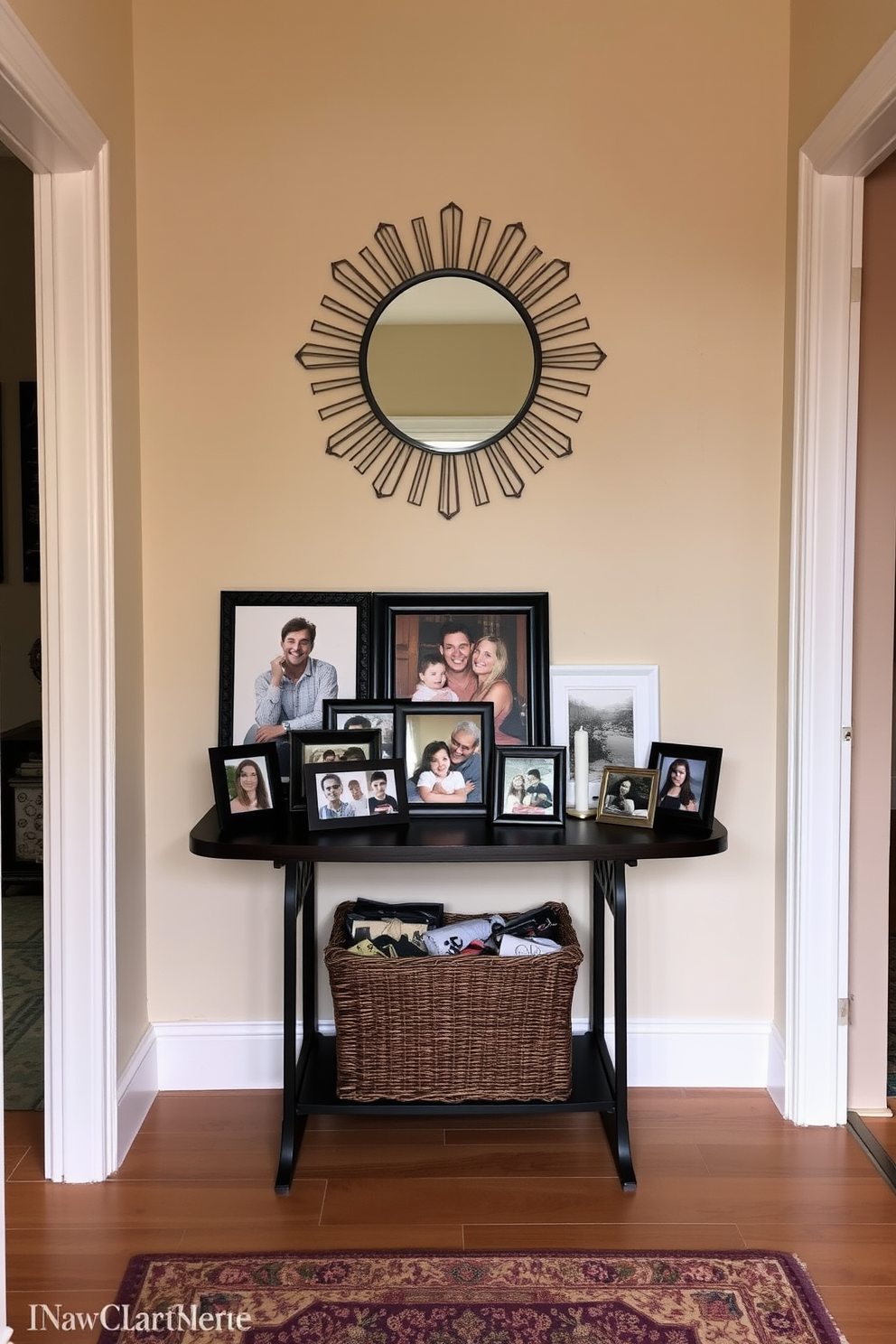 A welcoming apartment entryway featuring a console table adorned with framed family photos that evoke warmth and nostalgia. The walls are painted in a soft beige, complemented by a stylish mirror above the table and a cozy rug underfoot.