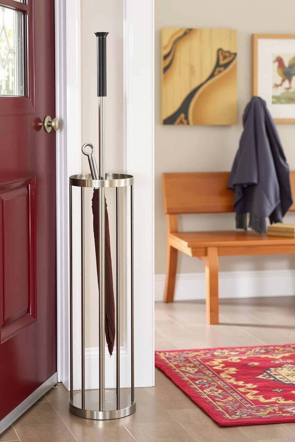 A stylish umbrella stand is positioned by the door, crafted from sleek metal with a modern design. The entryway features a warm wooden bench, complemented by a vibrant rug that adds a pop of color to the space.