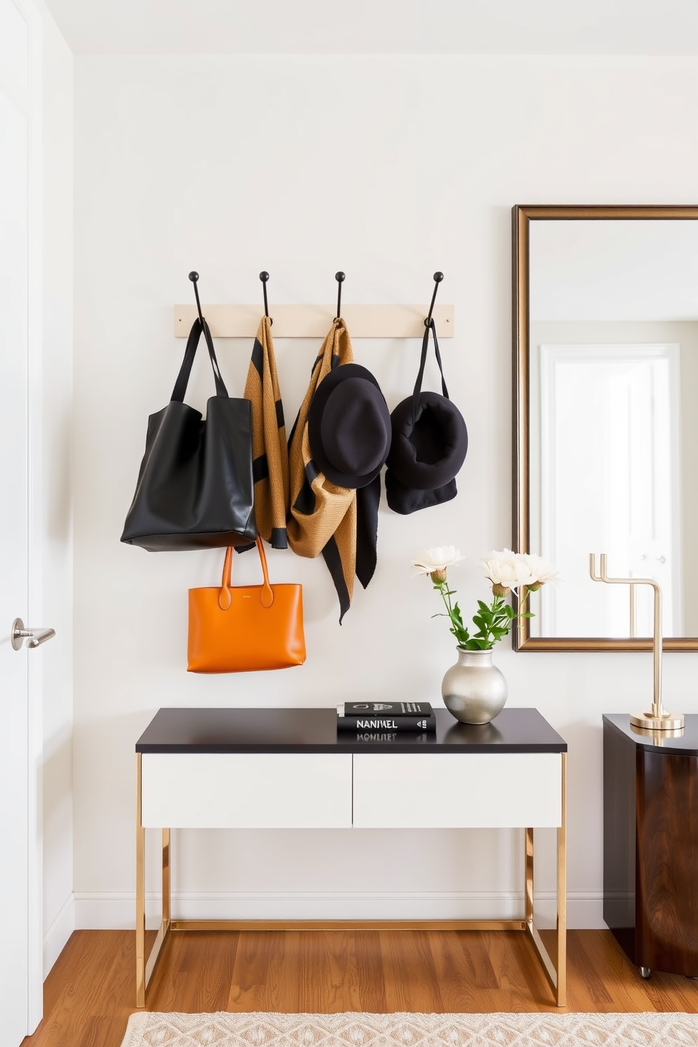 A chic umbrella stand made of sleek metal with a modern design sits elegantly in the corner of the entryway. The stand features a minimalist aesthetic with a matte black finish, complementing the bright and airy atmosphere of the apartment. Surrounding the umbrella stand are decorative elements like a small potted plant and a stylish doormat. The walls are painted in a soft neutral tone, enhancing the welcoming feel of the space while providing a functional and organized area for rainy days.