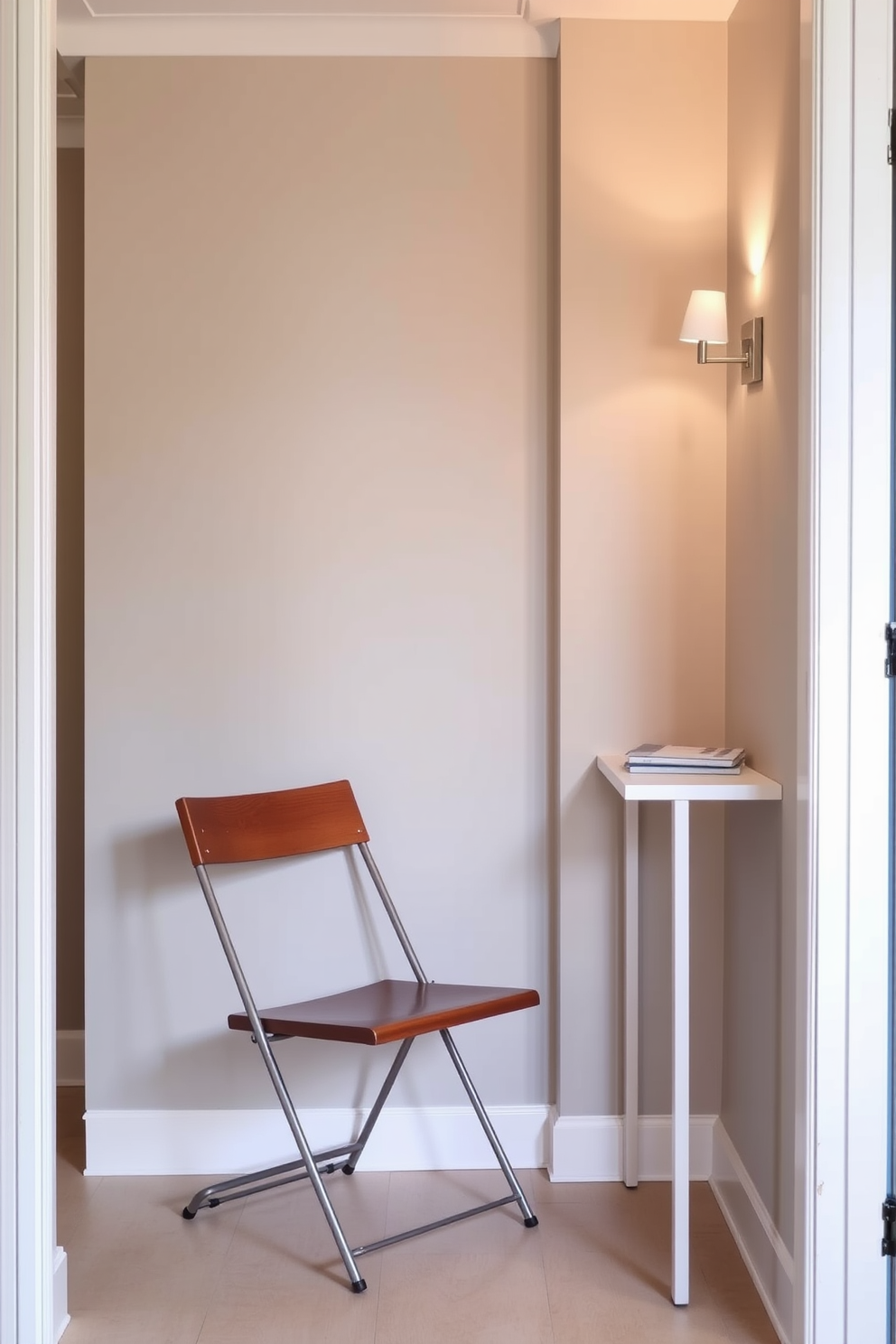 A compact folding chair is positioned against the wall in a stylish apartment entryway. The chair features a sleek design with a wooden seat and metal legs, blending functionality with modern aesthetics. The entryway is adorned with a minimalist console table that complements the chair, providing space for keys and mail. Soft lighting from a nearby wall sconce casts a warm glow, enhancing the welcoming atmosphere of the space.