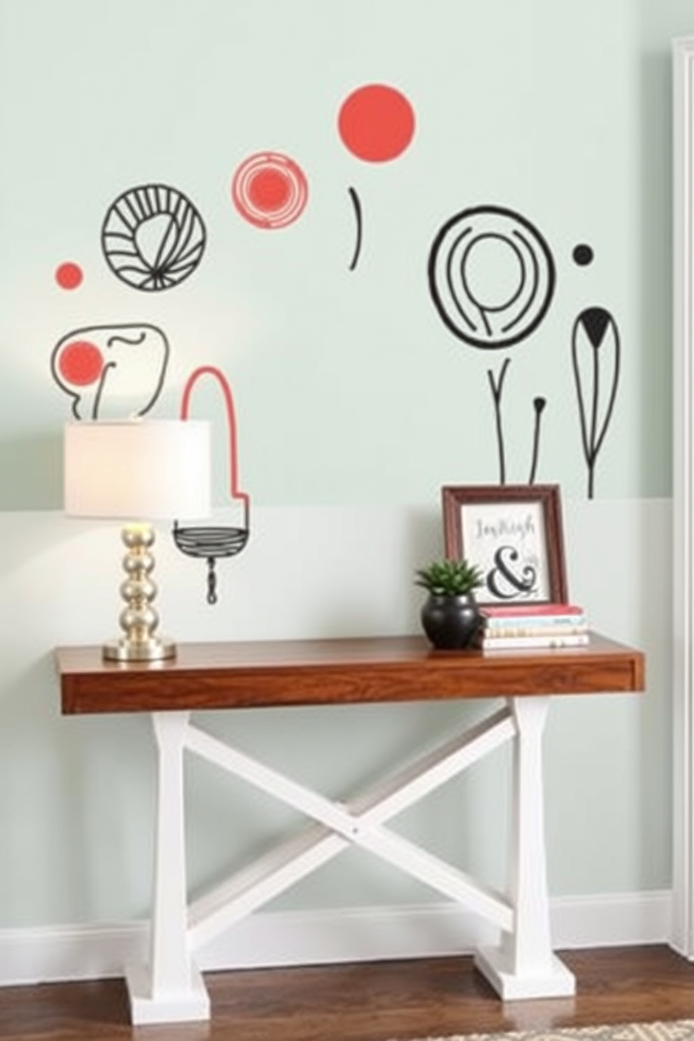 Artistic wall decals add a playful touch to the entryway, transforming it into a vibrant and welcoming space. Choose designs that reflect your personality, such as abstract shapes or whimsical illustrations, to create an inviting atmosphere. Consider incorporating a stylish console table beneath a striking wall decal to enhance the visual appeal. Pair it with decorative items like a chic lamp and a small plant to complete the look.