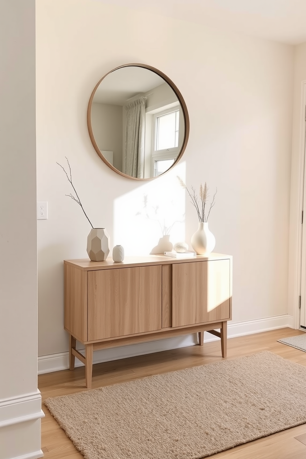 A serene apartment entryway featuring a neutral color palette that promotes a calming atmosphere. The walls are painted in soft beige, complemented by a light wood console table adorned with minimalistic decor. A large round mirror hangs above the table, reflecting natural light from a nearby window. A plush area rug in muted tones lies beneath, adding warmth and texture to the space.