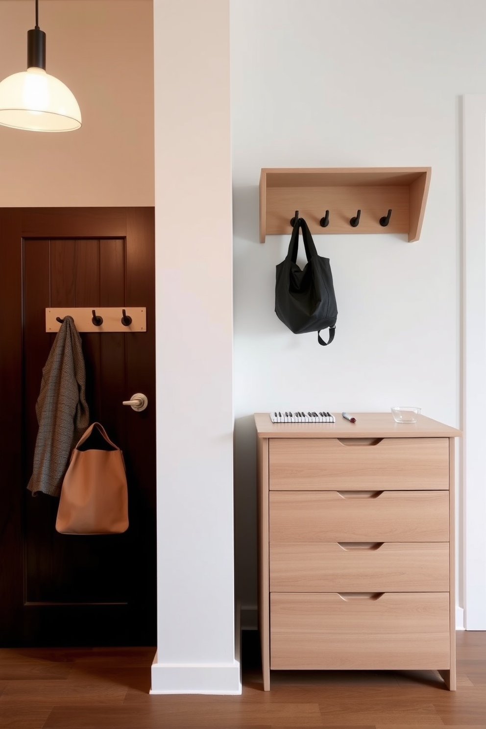 A functional drawer unit with a sleek design is positioned against the wall in the apartment entryway. The unit features multiple drawers for organization, finished in a light wood tone that complements the overall aesthetic of the space. Adjacent to the drawer unit, a stylish wall-mounted coat rack provides a convenient place for hanging jackets and bags. The entryway is illuminated by a modern pendant light, creating a warm and inviting atmosphere.