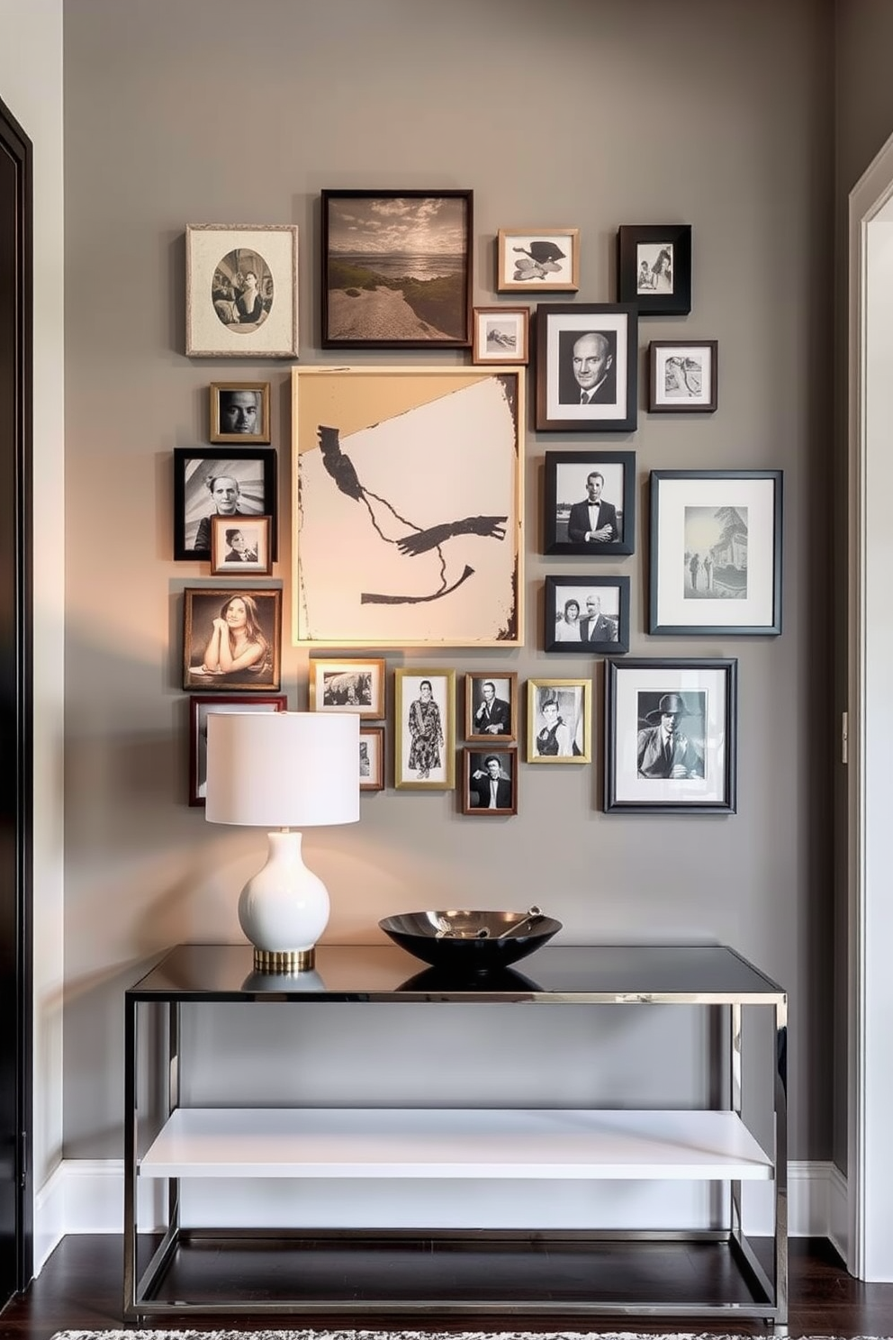 A striking wall art installation greets visitors in the entryway. The arrangement features a mix of abstract pieces and framed photographs in a variety of sizes, creating a dynamic focal point. The entryway is designed with a sleek console table beneath the artwork. A stylish lamp and a decorative bowl for keys add functionality while enhancing the overall aesthetic.