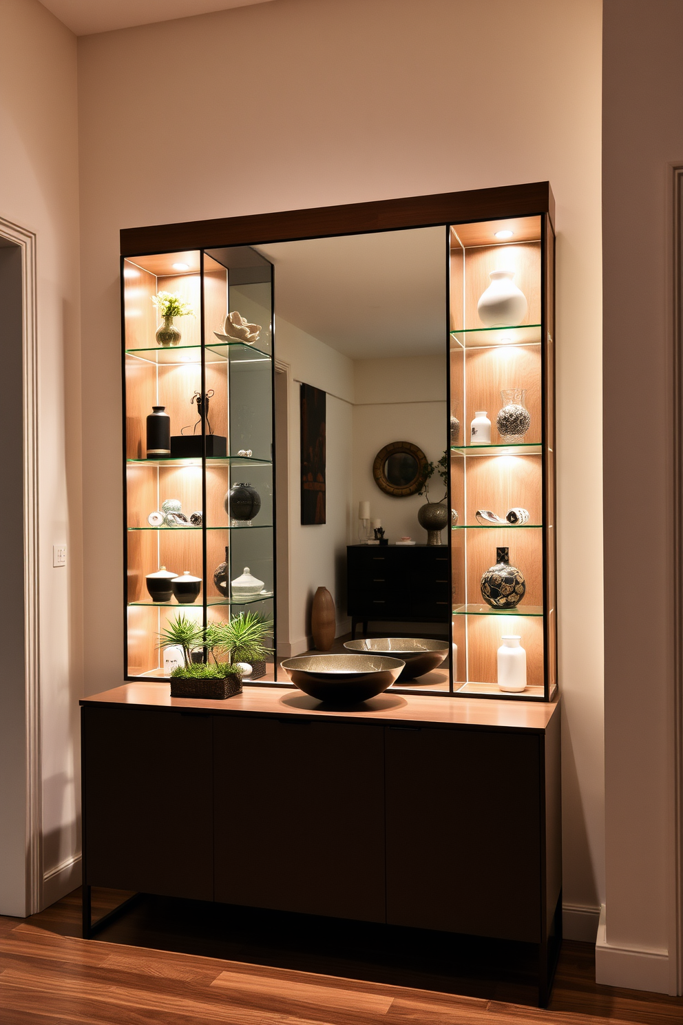 A stylish apartment entryway featuring a lighted display case that showcases an array of decorative items. The case is made of glass and wood, elegantly illuminated to highlight the curated decor within. The entryway walls are painted in a soft neutral tone, creating a warm and inviting atmosphere. A sleek console table sits beneath a large mirror, adorned with small potted plants and a decorative bowl.