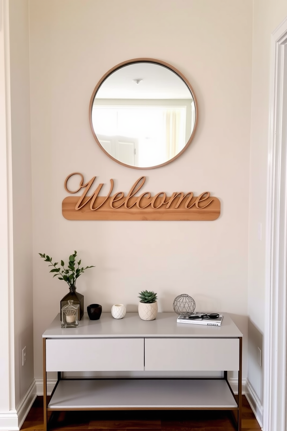 Bright artwork adorns the walls of a welcoming apartment entryway, featuring vibrant colors and uplifting themes that instantly elevate the mood. A stylish console table with a sleek design holds a decorative bowl and a small potted plant, creating an inviting focal point for guests.