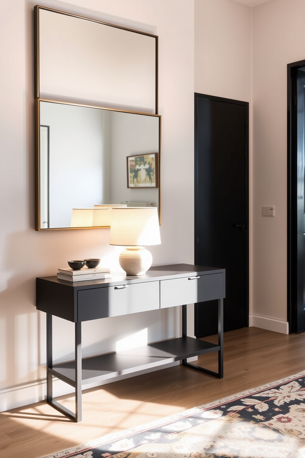 A functional side table for essentials in an apartment entryway. The table is made of sleek wood with a minimalist design, featuring a small drawer for storage and a lower shelf for books or decorative items. Next to the table, a stylish coat rack stands against the wall, providing space for jackets and bags. The entryway is illuminated by a modern pendant light, and a vibrant rug adds a pop of color to the floor.