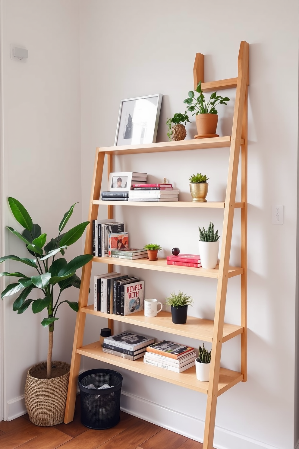 A stylish apartment entryway featuring a space-saving ladder shelf made of light wood. The shelf is adorned with a collection of books, small potted plants, and decorative items, creating an inviting atmosphere.