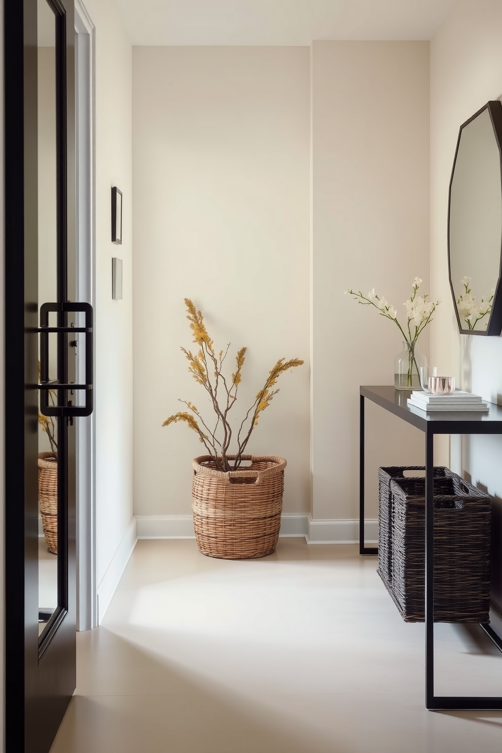 A stylish apartment entryway features a decorative basket placed near the door for quick storage solutions. The walls are adorned with a soft neutral paint, and a sleek console table sits beside the basket, enhancing the welcoming atmosphere.