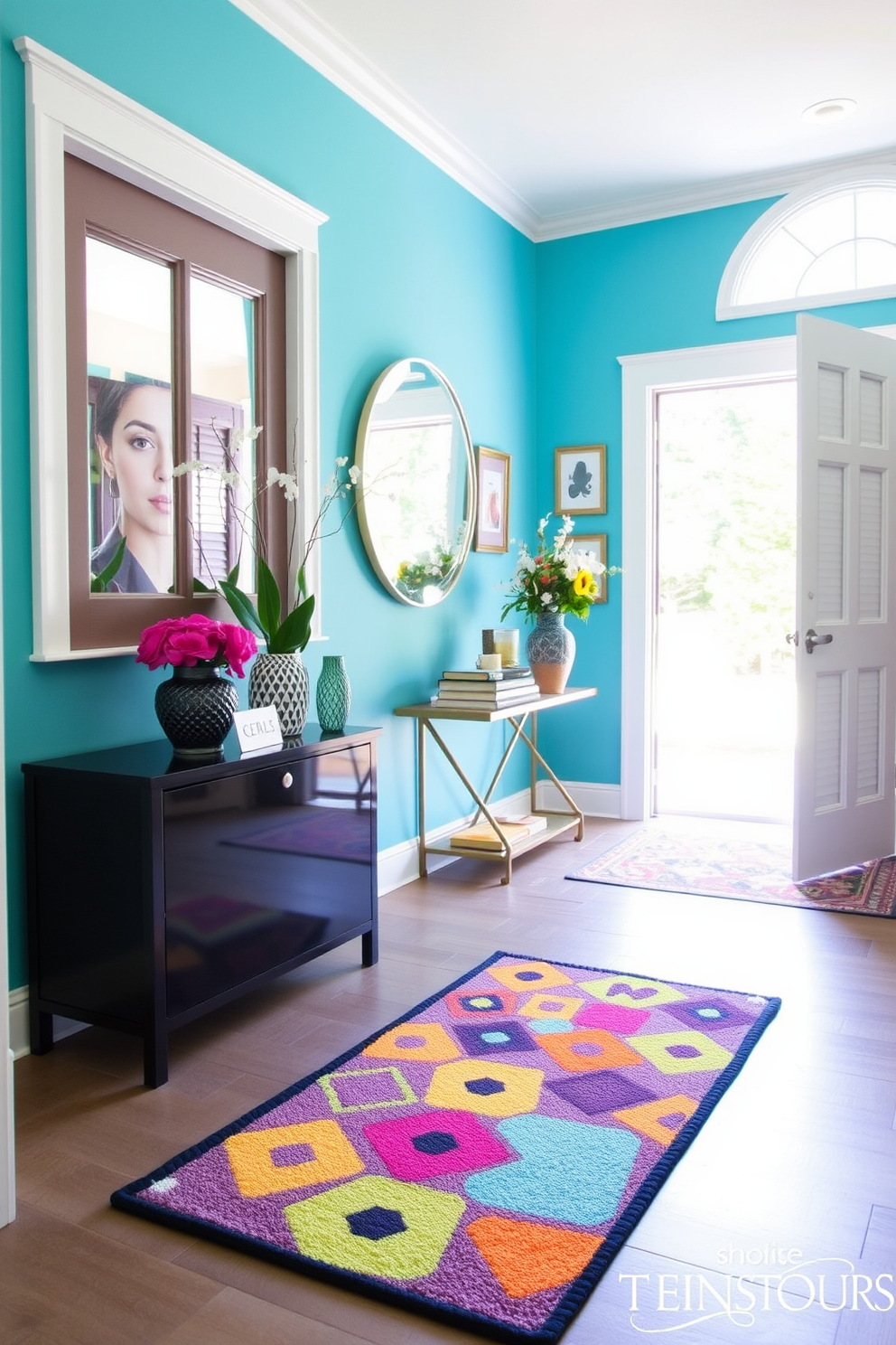 A vibrant welcome mat lies at the entrance, featuring a playful pattern of colorful geometric shapes. The walls of the entryway are painted in a bright and inviting hue, complemented by a stylish console table adorned with fresh flowers and decorative accents.