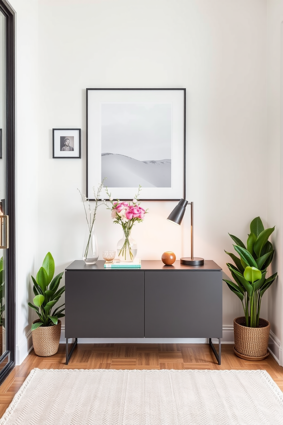 A stylish apartment entryway featuring a console table with a sleek design. On the table, there are decorative items such as a vase with fresh flowers and a stylish lamp. Potted plants are strategically placed in the corners to bring a touch of greenery. The walls are adorned with framed artwork, and a cozy rug adds warmth to the space.