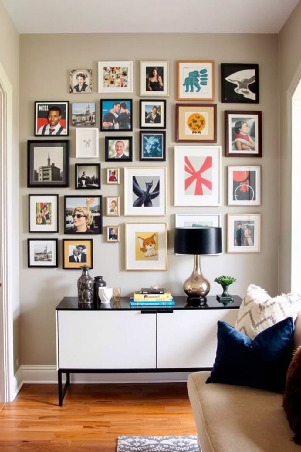 A gallery wall showcasing personal art pieces is the focal point of the apartment entryway. The wall is adorned with a mix of framed photographs and abstract art, creating a vibrant and inviting atmosphere. The entryway features a sleek console table beneath the gallery wall, topped with decorative items and a stylish lamp. A cozy bench with plush cushions is placed nearby, providing a welcoming spot for guests to sit.