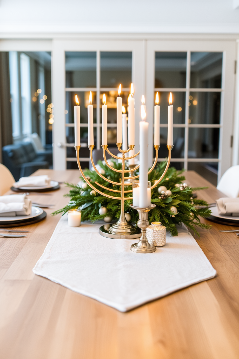 Chic menorah centerpiece on a sleek wooden dining table. The menorah is elegantly designed with a modern twist, surrounded by decorative candles and a few seasonal accents. Soft, warm lighting enhances the festive atmosphere, creating a cozy ambiance for family gatherings. A tasteful arrangement of greenery and small ornaments complements the overall decor, adding a touch of holiday spirit.