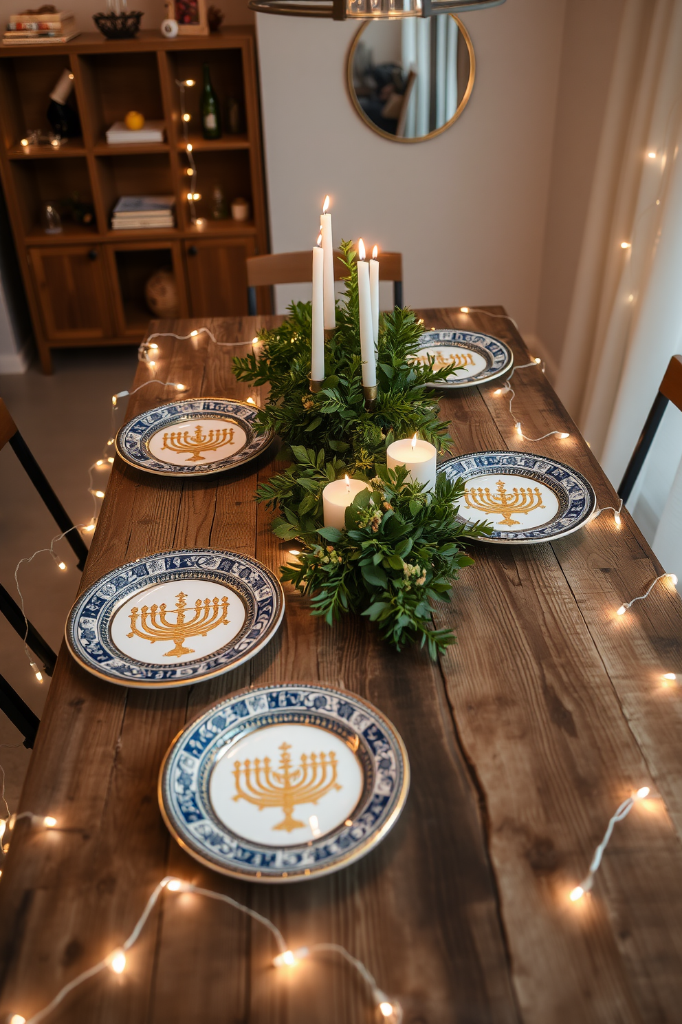 Decorative plates featuring menorah designs are artfully arranged on a rustic wooden table. The plates showcase intricate patterns in blue and gold, creating a festive atmosphere for Hanukkah celebrations. Surrounding the table, soft white string lights illuminate the space, enhancing the warm ambiance. A centerpiece of fresh greenery and candles complements the plates, adding a touch of elegance to the apartment decor.