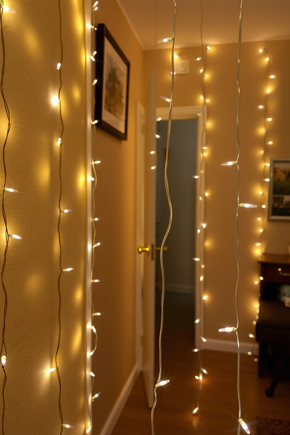 A cozy apartment adorned with sparkling string lights that twinkle softly against the walls. The lights create a warm and inviting atmosphere, perfect for celebrating Hanukkah with family and friends.