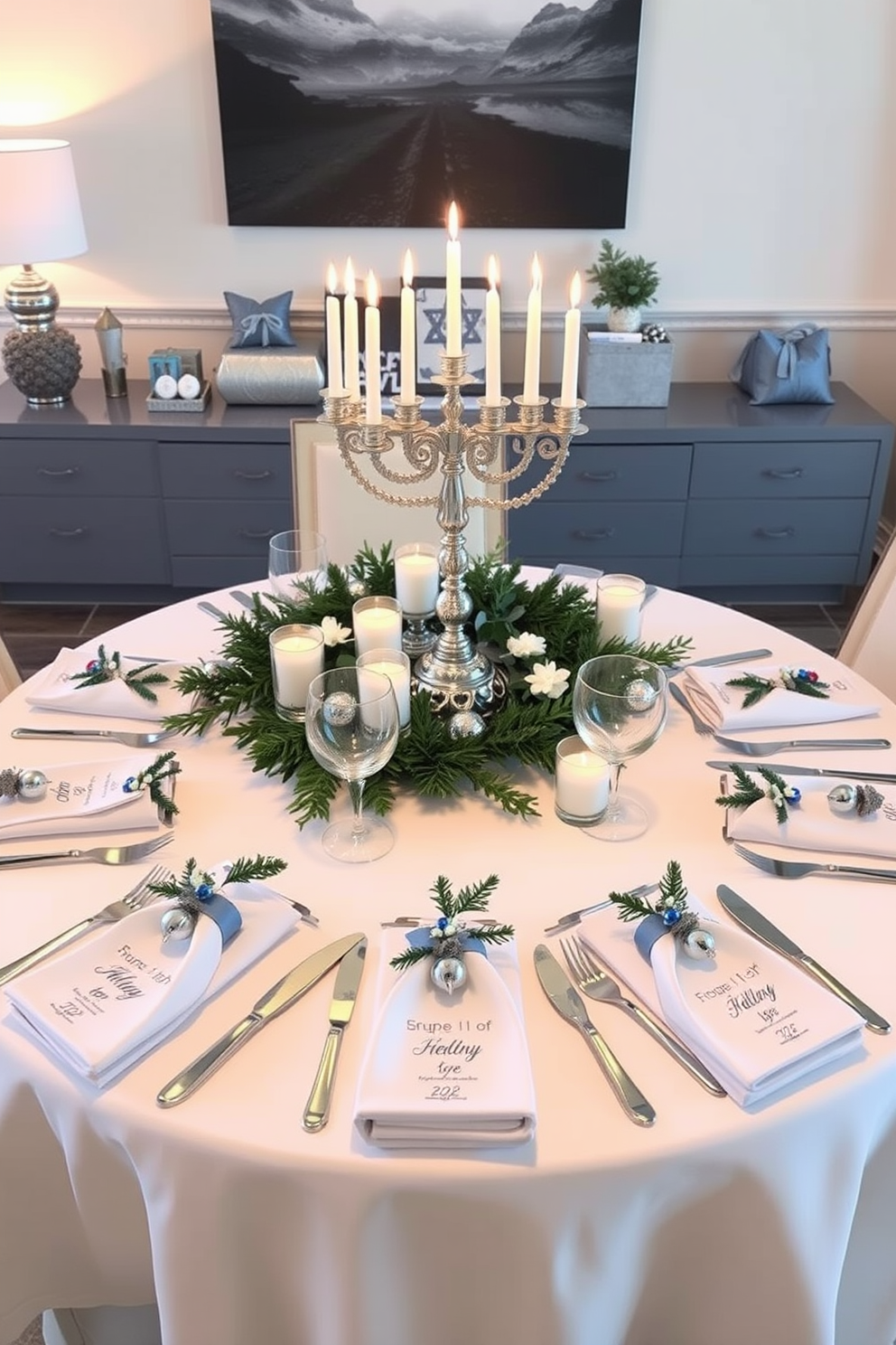 A unique table setting showcases a beautifully arranged dining table featuring a crisp white tablecloth. Each place setting includes personalized napkins folded elegantly and adorned with small decorative elements that reflect the spirit of Hanukkah. The centerpiece is a stunning menorah surrounded by seasonal greenery and candles. Soft blue and silver accents are incorporated throughout the decor, enhancing the festive atmosphere of the apartment.