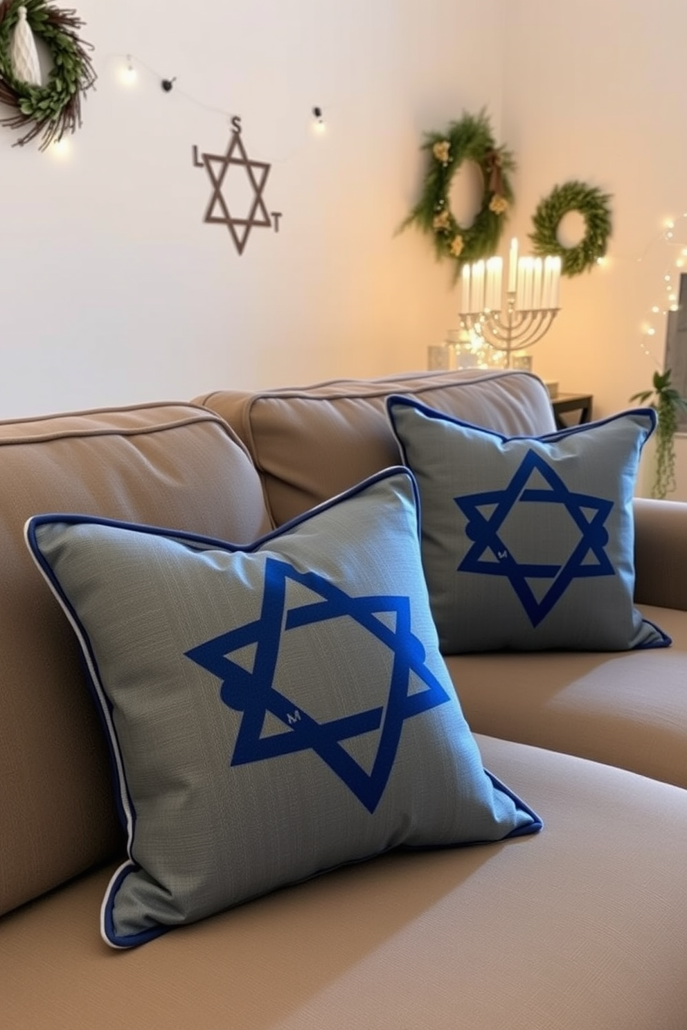 A cozy living room adorned with Hanukkah-themed throw pillows on a plush sofa. The pillows feature vibrant blue and silver patterns, adding a festive touch to the space. In the background, a beautifully decorated menorah sits on a side table, surrounded by twinkling fairy lights. The walls are adorned with subtle Hanukkah decorations, creating a warm and inviting atmosphere.