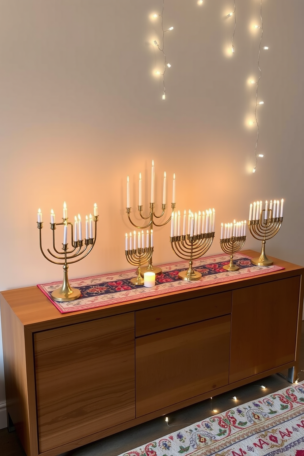 Artistic display of family menorahs arranged on a sleek wooden console table. The table is adorned with a vibrant table runner featuring traditional patterns, and twinkling fairy lights create a warm ambiance for Hanukkah celebrations.