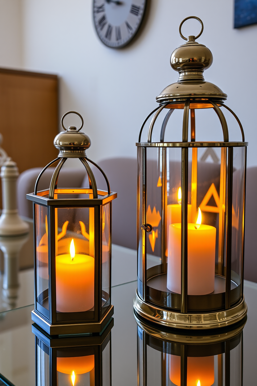 Charming glass lanterns filled with flickering candles create a warm and inviting atmosphere for Hanukkah celebrations. These lanterns can be elegantly placed on tables or hung from hooks to enhance the festive decor throughout the apartment.