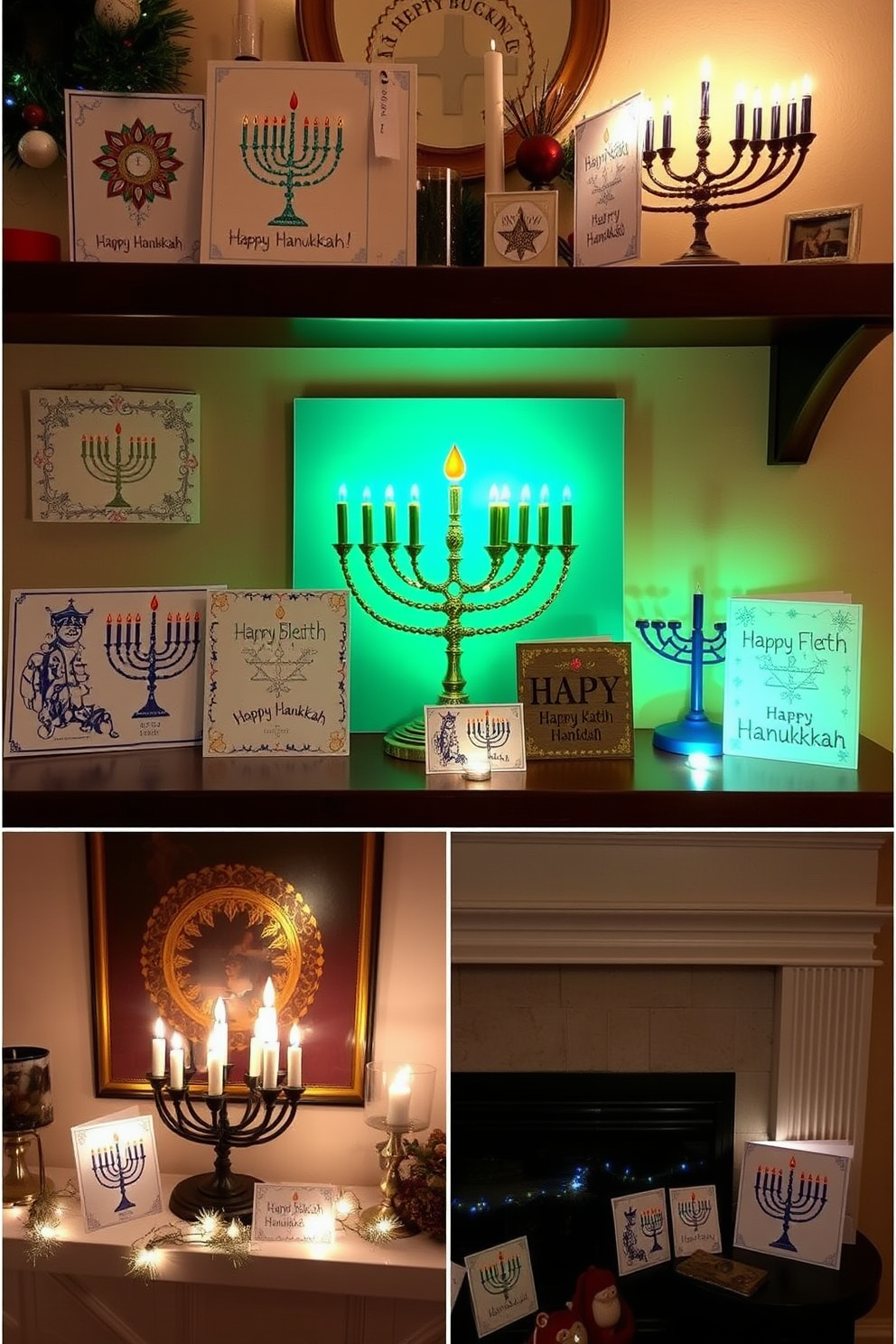 Handmade Hanukkah cards are displayed as charming decor accents throughout the apartment. These cards, featuring intricate designs and vibrant colors, bring a festive touch to the living space. The cards are artfully arranged on shelves and mantels, complementing other holiday decorations. Soft lighting enhances their beauty, creating a warm and inviting atmosphere for the celebration.