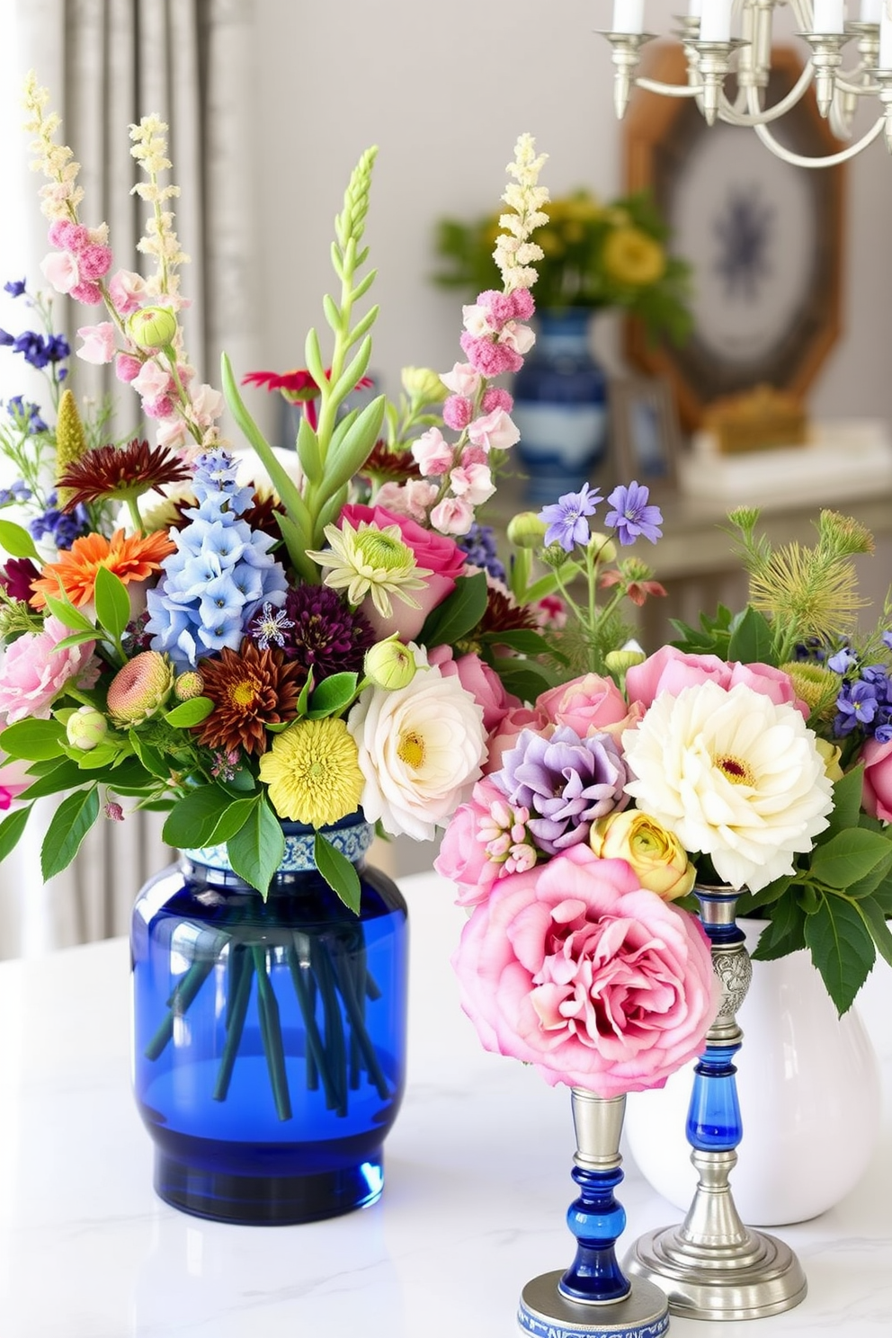 Seasonal floral arrangements in blue vases create a vibrant and inviting atmosphere. The arrangements feature a mix of seasonal blooms, adding color and texture to the space. For Hanukkah decorating ideas, incorporate traditional elements with a modern twist. Use blue and silver accents throughout the room to enhance the festive spirit while maintaining an elegant aesthetic.