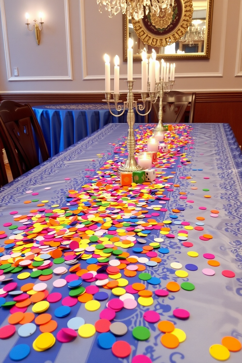 Brightly colored Hanukkah confetti is scattered across a festive dining table. The table is adorned with a beautiful blue and silver tablecloth, complemented by elegant menorah centerpieces and vibrant dreidels.