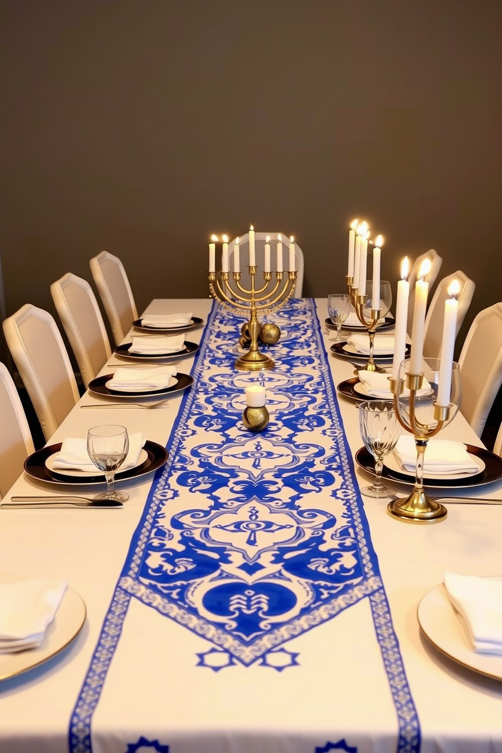 A festive blue and white table runner adorns a long dining table set for a Hanukkah celebration. The table is beautifully arranged with elegant dinnerware, sparkling candles, and traditional menorah, creating a warm and inviting atmosphere.