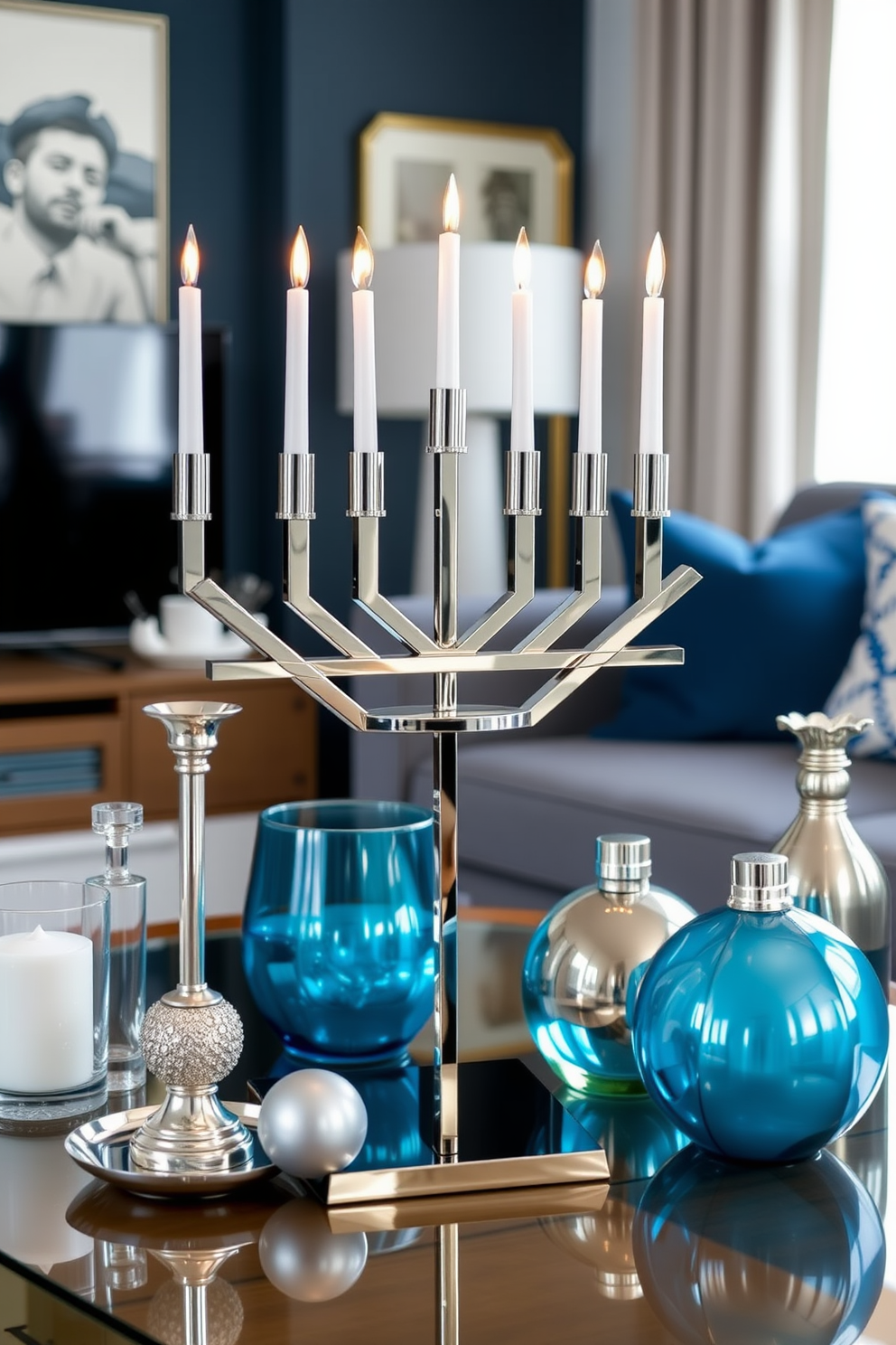 A sleek modern menorah stands as the focal point in the living room, crafted from polished stainless steel with clean lines and geometric shapes. Surrounding it are elegant decorative elements in shades of blue and silver, creating a festive yet contemporary atmosphere for Hanukkah celebrations.