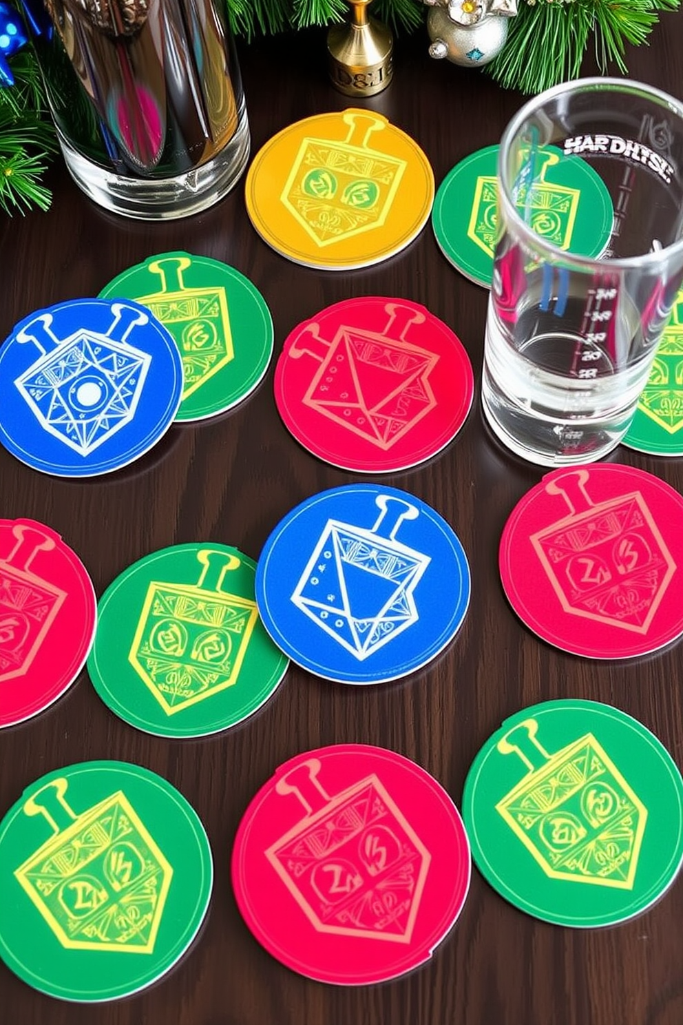 Dreidel-themed coasters are elegantly designed to enhance your holiday gatherings. Each coaster features intricate dreidel motifs in vibrant colors, perfect for complementing your festive table setting. These coasters are crafted from high-quality materials to ensure durability while adding a playful touch to your decor. They serve as both functional accessories and delightful conversation starters during your Hanukkah celebrations.