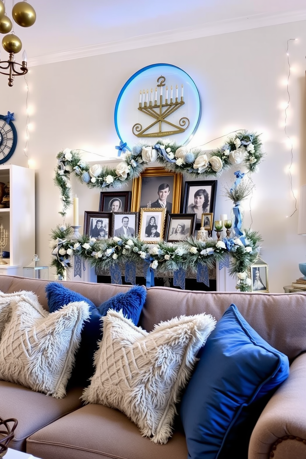 Vintage Hanukkah decorations create a nostalgic atmosphere with traditional elements like menorahs and dreidels. Soft blue and silver hues adorn the space, complemented by string lights and handmade ornaments that evoke cherished memories. A cozy living room features a beautifully adorned mantel with vintage Hanukkah garlands and family photos. Plush pillows in festive colors invite warmth and comfort, making it the perfect gathering spot for celebrations.