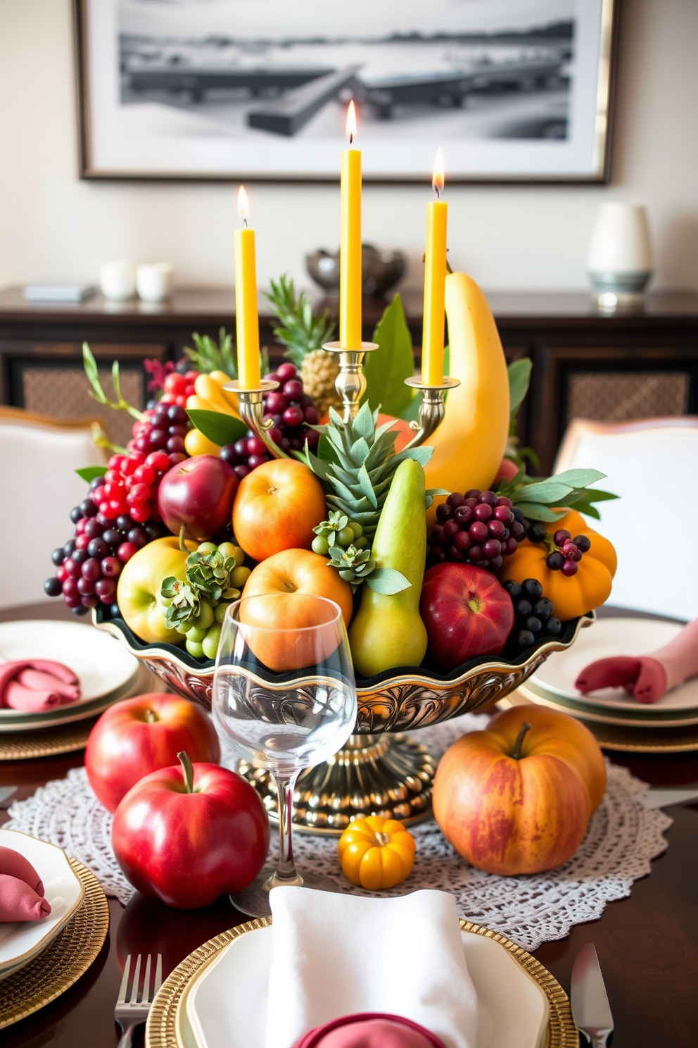 A cozy apartment living room adorned with vintage Hanukkah items as decor pieces. The space features a beautifully decorated menorah on the coffee table, surrounded by colorful dreidels and traditional gelt. The walls are adorned with festive blue and white decorations, creating a warm and inviting atmosphere. A plush sofa with throw pillows in Hanukkah motifs complements the overall theme, while a small table holds a plate of freshly baked sufganiyot.