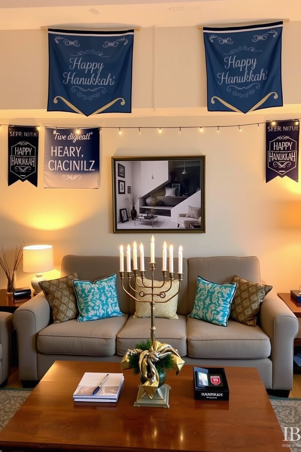 Miniature trees adorned with blue ornaments create a festive atmosphere in the living room. The trees are placed on a sleek white coffee table, surrounded by shimmering silver and blue decorations. Cozy throw blankets in shades of blue and silver are draped over the couch. Soft white fairy lights twinkle above, enhancing the holiday spirit in the apartment.