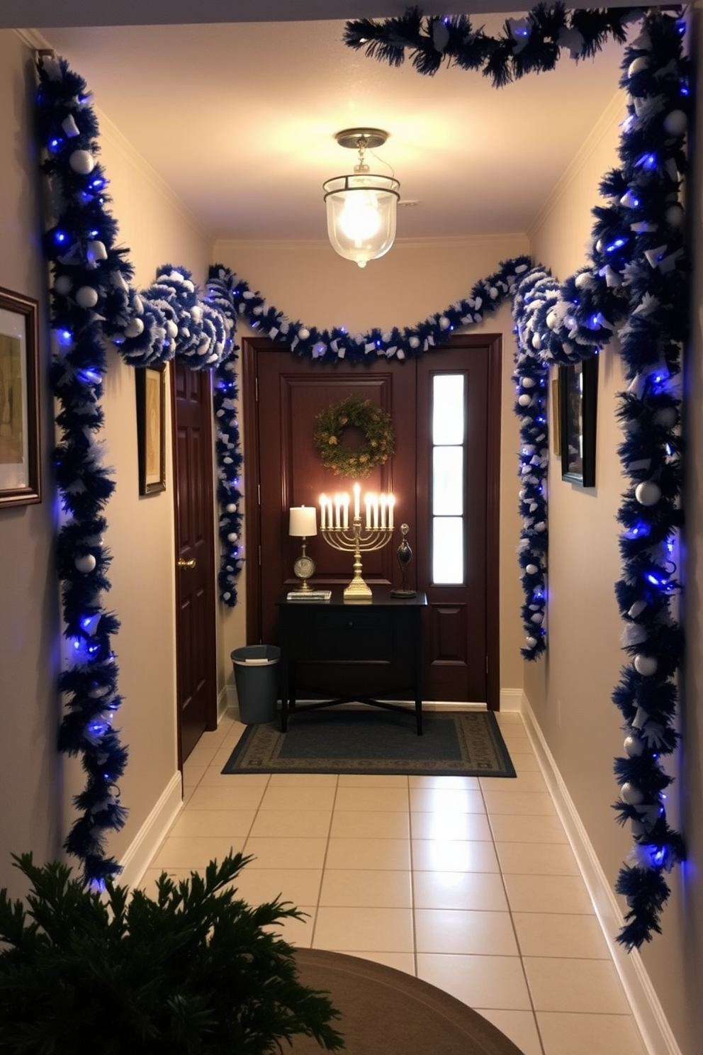 A charming entryway adorned with festive decorations. The walls are draped with blue and white garlands, and a beautifully lit menorah sits on a small table.