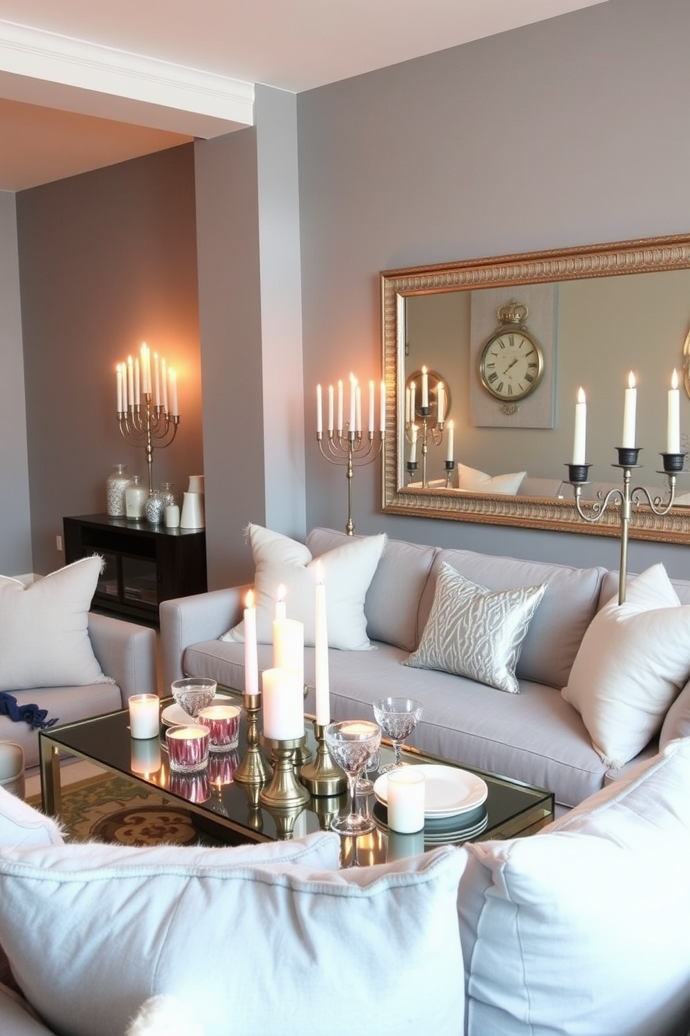 Create a cozy apartment living room decorated for Hanukkah. The space features a large mirror on one wall that reflects the warm glow of multiple menorahs and decorative candles placed around the room. Incorporate soft blue and white color schemes with accents of silver. Add plush cushions and a festive table setting that enhances the celebratory atmosphere.