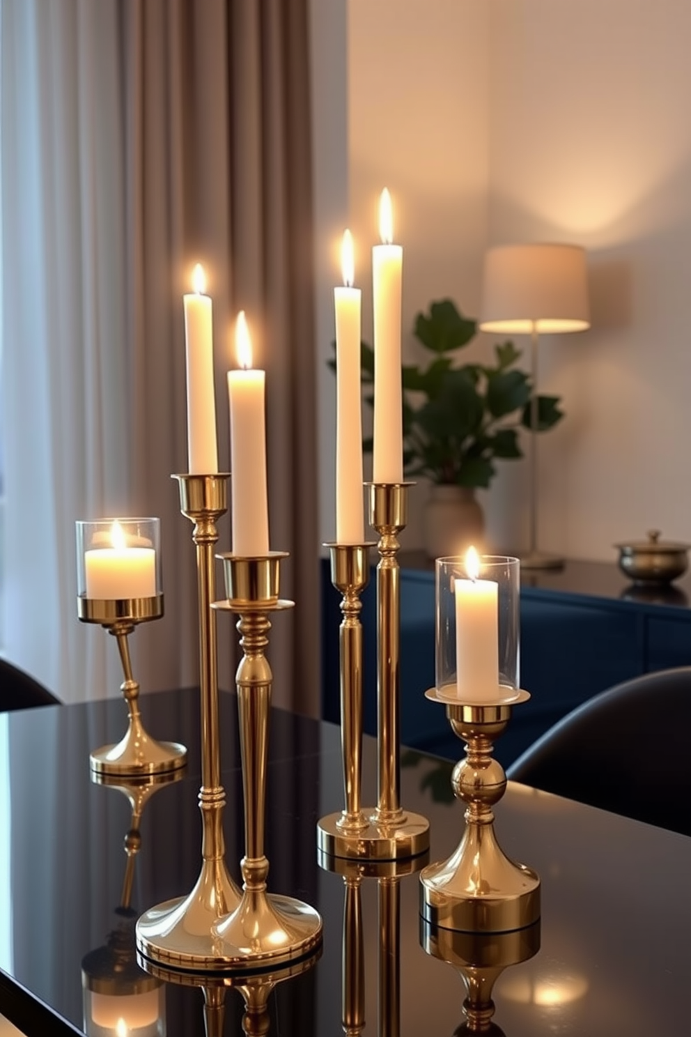 Elegant candle holders in various heights are arranged on a sleek dining table. The holders are made of polished brass and glass, casting a warm glow that enhances the festive atmosphere of the apartment during Hanukkah.