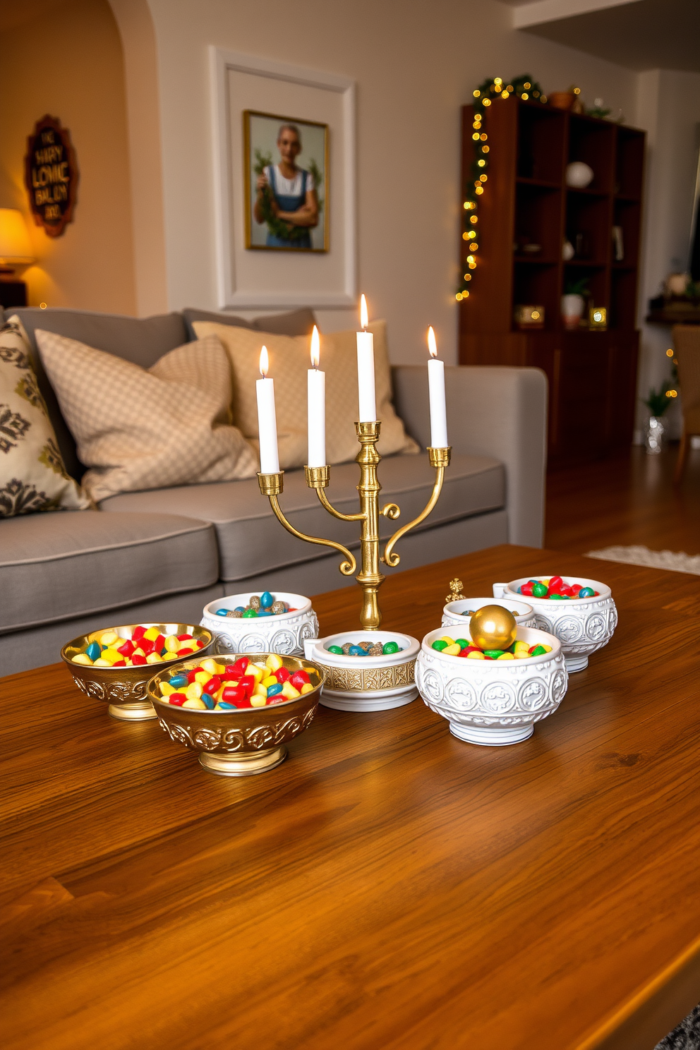 A cozy apartment setting adorned for Hanukkah. Decorative bowls filled with colorful gelt candies are placed on a wooden coffee table surrounded by soft cushions and warm lighting.